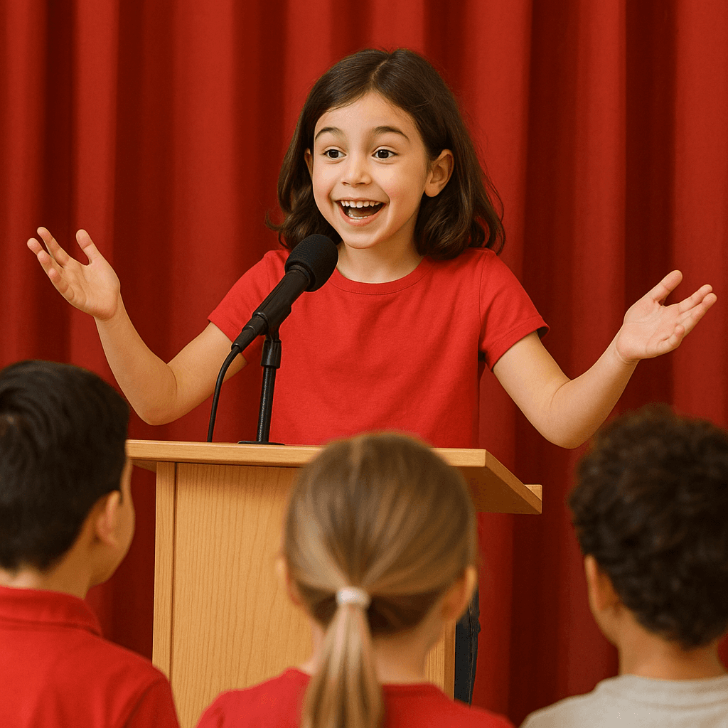 Child confidently practicing public speaking