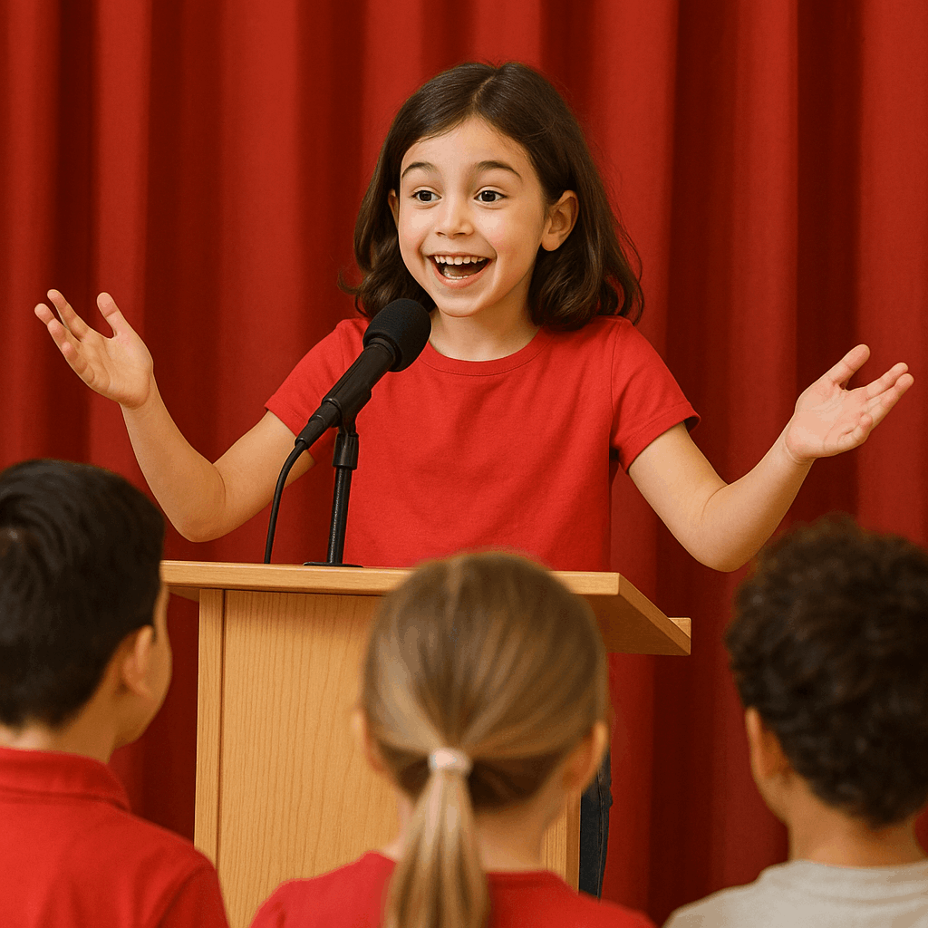 Child confidently practicing public speaking in Salmiya